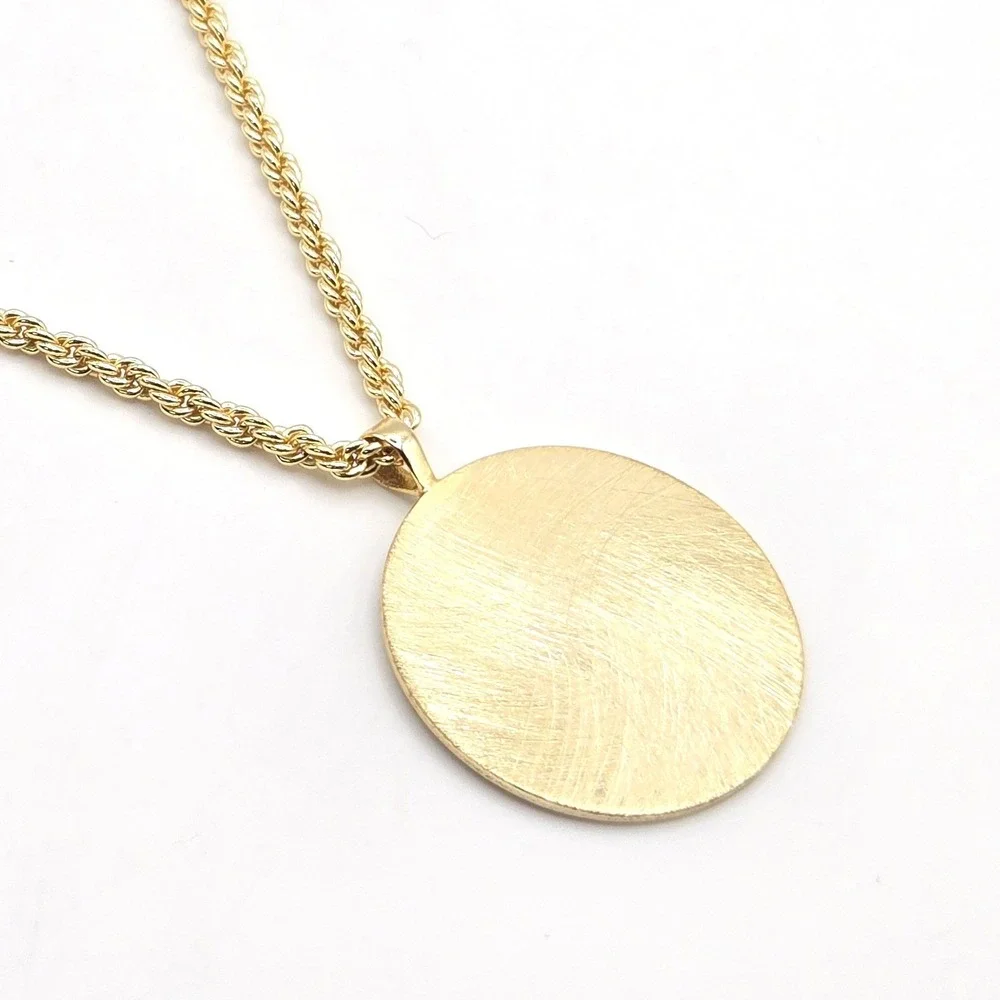 Gold Tone Pendant Necklace‎ Rope Chain Brushed Textured Disc Adjustable 24